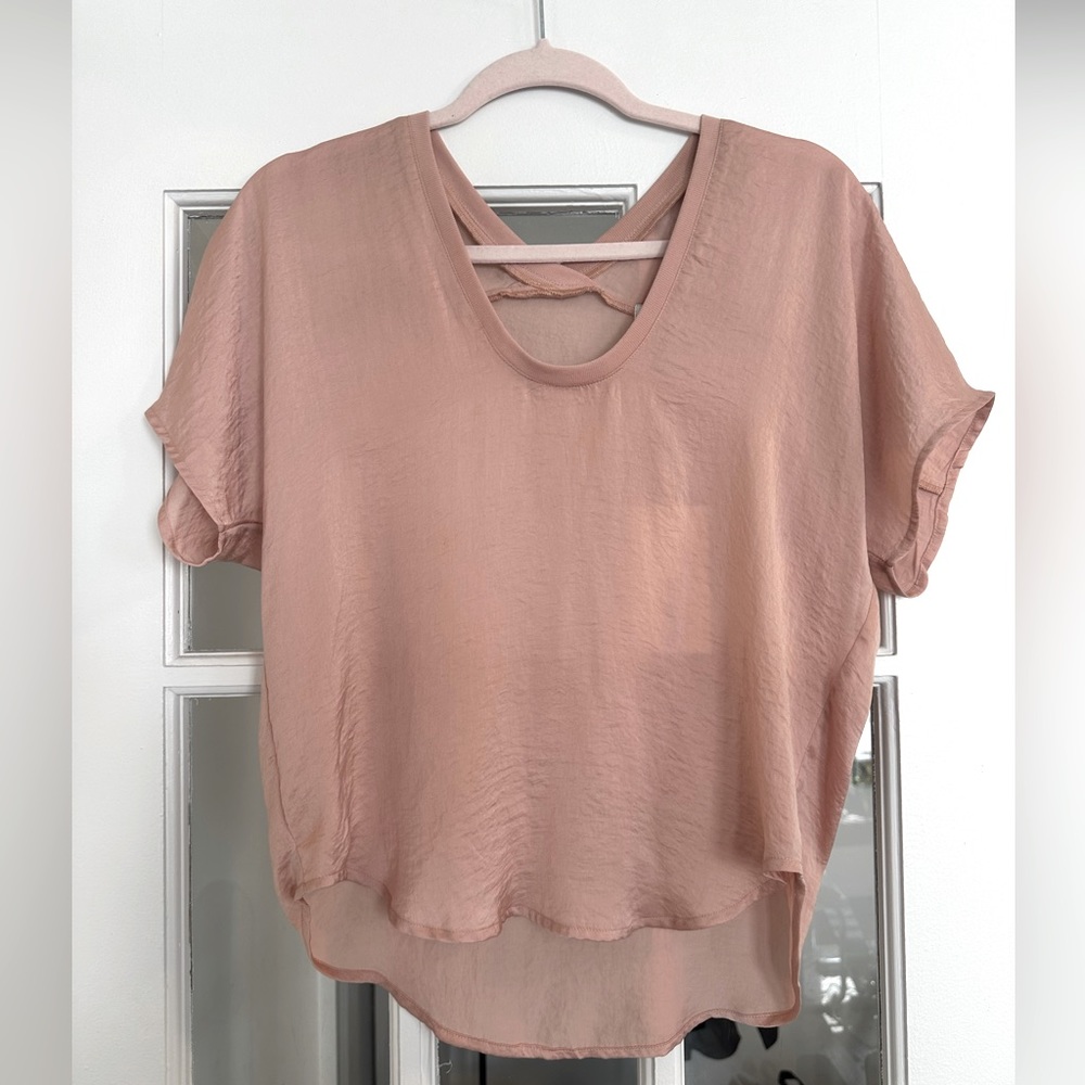 Short Sleeve V-neck, Mauve Satin Blouse
